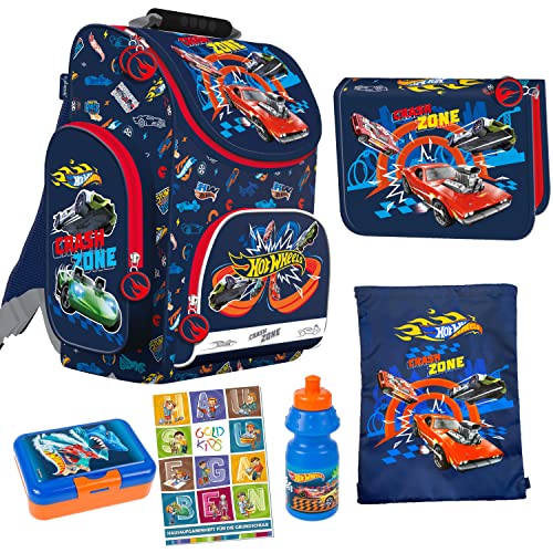 Goldkids Hot Wheels Schulranzen ergonomischer Ranzen Federmappe Turnbeutel Brotdose Trinkflasche Aufgabenheft für die Grundschule 6er Set. Lizenzware von Goldkids