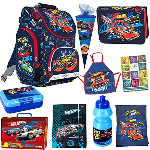 Goldkids Hot Wheels Schulranzen ergonomischer Ranzen Federmappe Turnbeutel Schürze Brotdose Trinkflasche Aktentasche Zuckertüte Aufgabenheft für die Grundschule 10er XL Set. Lizenzware von Goldkids