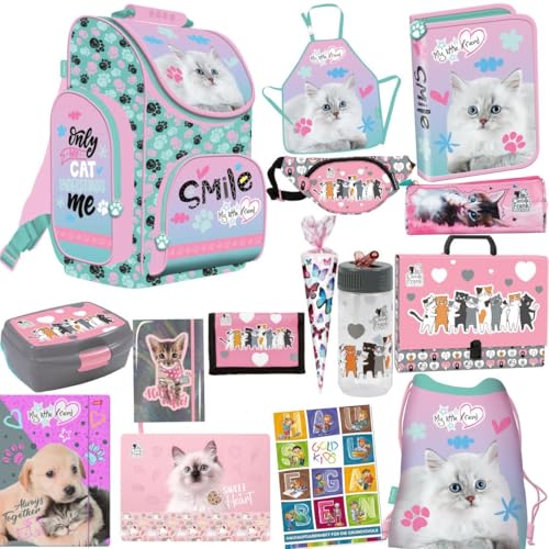 Goldkids Katze Cat Pastel Schulranzen ergonomischer Ranzen Zuckertüte Tagebuch Federmappe Turnbeutel Brotdose Trinkflasche Stiftetasche Sammelmappe Aufgabenheft für die Grundschule 13er Set XXL von Goldkids