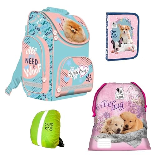 Goldkids My Little Friend Schulranzen Set Ranzen Federmappe Federmäppchen Turnbeutel Regenschutz Fluffy Dog Hund 4-teilig. ab 1 Klasse der Grundschule. von Goldkids