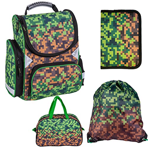 Goldkids Pixel Game Play Schulranzen ergonomischer Ranzen Federmappe Turnbeutel Sporttasche 4er Set von Goldkids