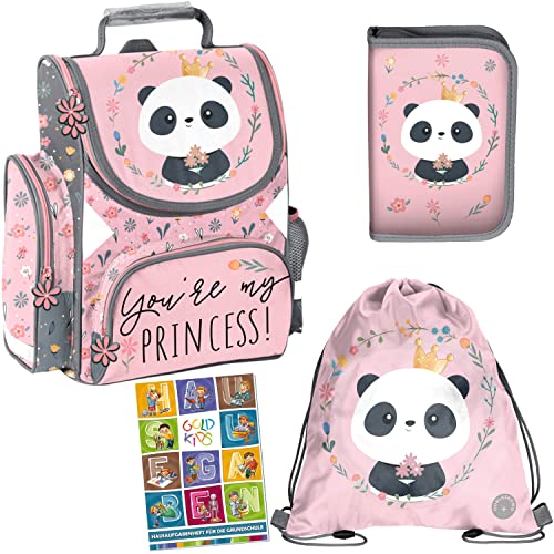 Goldkids Schulranzen 4er Set Panda Motiv ergonomischer Ranzen Federmappe Turnbeutel Aufgabenheft für die Grundschule. Geeignet ab der ersten Klasse der Grundschule. von Goldkids