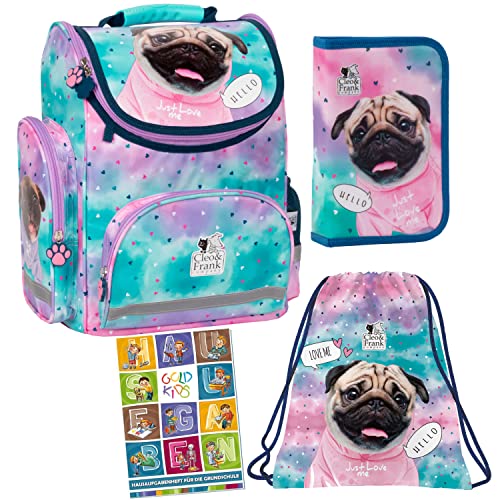 Goldkids Schulranzen 4er Set Ranzen Tornister Federmappe Turnbeutel Turnsack Aufgabenheft für die Grundschule Cleo & Frank Hund Dog Motiv von Goldkids