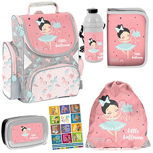 Goldkids Schulranzen Ballerina Tänzerin ergonomischer Ranzen Federmappe Turnbeutel Trinkflasche Brotdose Aufgabenheft für die Grundschule 6er-Set. Geeignet ab der ersten Klasse der Grundschule. von Goldkids