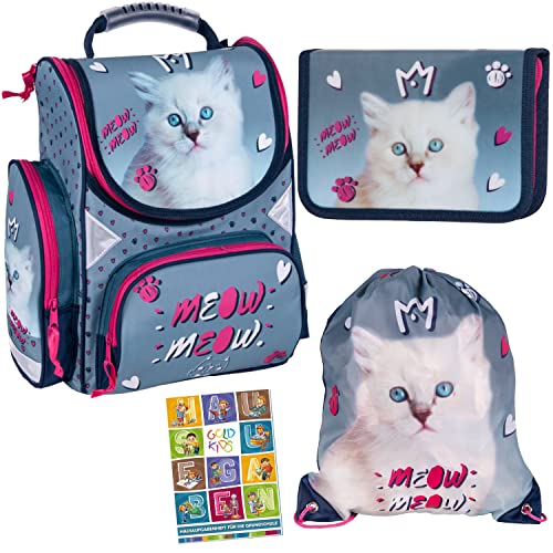 Goldkids Schulranzen Katze Cat Motiv ergonomischer Ranzen Federmappe Turnbeutel Aufgabenheft für die Grundschule 4er Set. Geeignet ab der ersten Klasse der Grundschule. von Goldkids