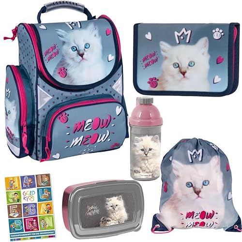 Goldkids Schulranzen Katze Cat Motiv ergonomischer Ranzen Federmappe Turnbeutel Brotdose Trinkflasche Aufgabenheft für die Grundschule 6er Set. Geeignet ab der ersten Klasse der Grundschule. von Goldkids