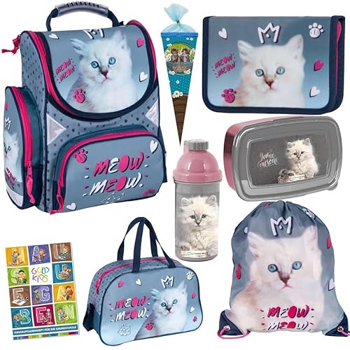 Goldkids Schulranzen Katze Cat Motiv ergonomischer Ranzen Federmappe Turnbeutel Brotdose Trinkflasche Sporttasche Zuckertüte Aufgabenheft für die Grundschule 8er Set. von Goldkids
