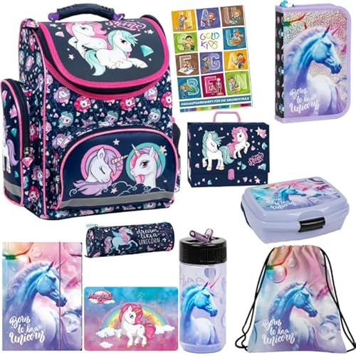 Goldkids Schulranzen Set 10er Ranzen Tornister Federmappe Turnbeutel Gummizugmappe Brotdose Trinkflasche Aufgabenheft Aktentasche Einhorn Unicorn Motiv von Goldkids