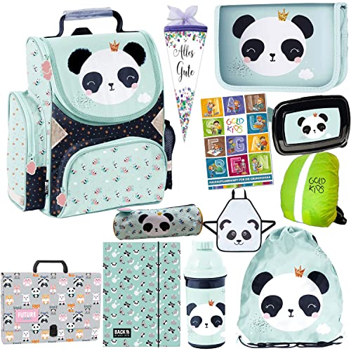Goldkids Schulranzen Set 12er XXL Panda ergonomischer Ranzen Federmappe Zuckertüte Schürze Turnbeutel Brotdose Trinkflasche Aufgabenheft für die Grundschule von Goldkids