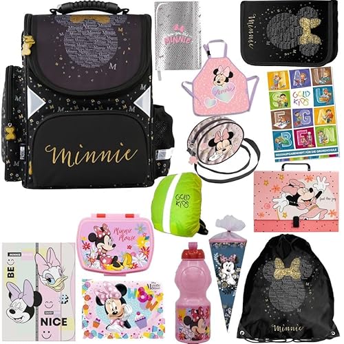 Goldkids Schulranzen Set 14er XXL Ranzen Tornister Federmappe Turnbeutel Turnsack Brotdose Trinkflasche Zuckertüte Aufgabenheft für die Grundschule Minnie Mouse Motiv von Goldkids