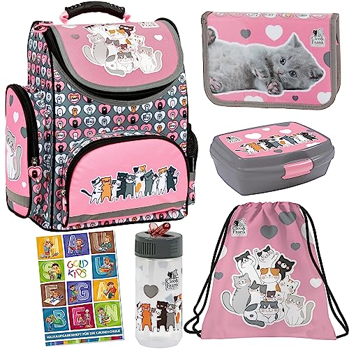 Goldkids Schulranzen Set 6er Ranzen Tornister Federmappe Turnbeutel Turnsack Brotdose Trinkflasche Aufgabenheft für die Grundschule Cleo & Frank 39 Katze Cat Motiv von Goldkids