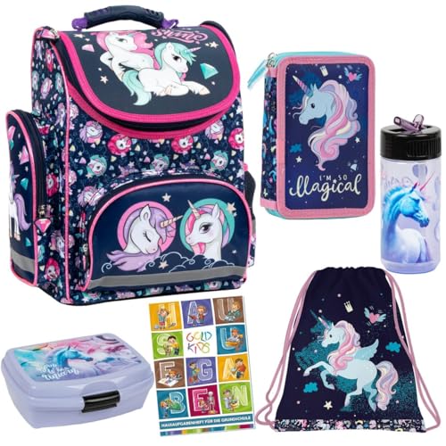 Goldkids Schulranzen Set 6er Ranzen Tornister Federmappe Turnbeutel Turnsack Brotdose Trinkflasche Aufgabenheft für die Grundschule Einhorn Unicorn Motiv von Goldkids