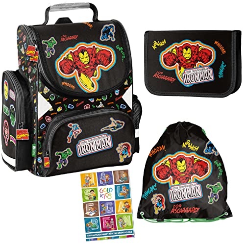 Goldkids Schulranzen Set Avengers Marvel ergonomischer Ranzen Federmappe Turnbeutel Aufgabenheft für die Grundschule 4er Set. Geeignet ab der ersten Klasse der Grundschule. von Goldkids