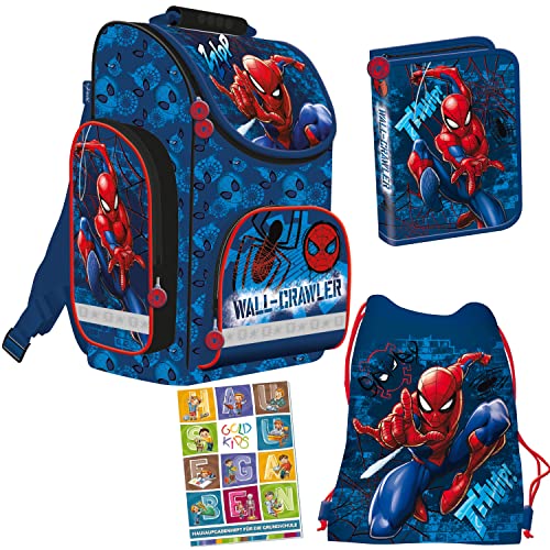 Goldkids Schulranzen Set Spiderman Marvel Ranzen Federmappe Turnbeutel Aufgabenheft für die Grundschule 4er Set. Geeignet ab der ersten Klasse der Grundschule von Goldkids