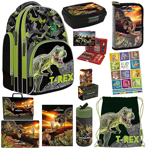 Goldkids Schulranzen Set T-Rex Dinosaurier 11er XXL Set Schulranzen Ranzen Tornister Federmappe Turnbeutel Trinkflasche Brotdose Aufgabenheft für die Grundschule ab der erste Klasse von Goldkids