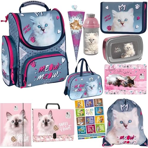 Goldkids Schulranzen Set XXL 11 Teile Katze Cat Motiv Ranzen Federmappe Turnbeutel Brotdose Trinkflasche Sporttasche Zuckertüte Aktenmappe Tischunterlage Sammelmappe Aufgabenheft von Goldkids