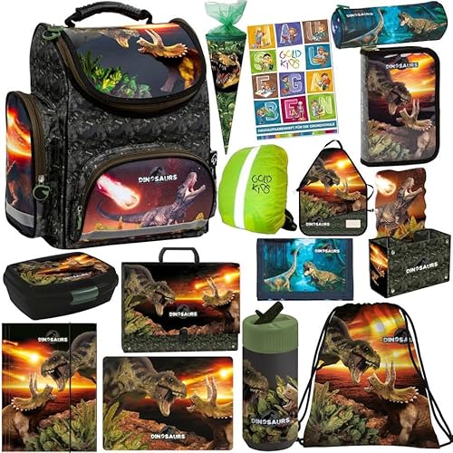 Goldkids Schulranzen XXL Set 15er Ranzen Tornister Federmappe Turnbeutel Gummizugmappe Schürze Brotdose Trinkflasche Aufgabenheft Zuckertüte Regenschutz Dinosaurier Dino Motiv von Goldkids