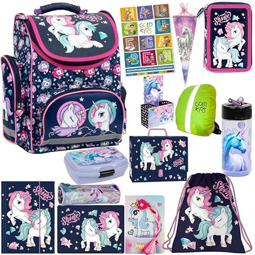 Goldkids Schulranzen XXL Set 15er Ranzen Tornister Federmappe Turnbeutel Gummizugmappe Zuckertüte Brotdose Trinkflasche Aufgabenheft Aktentasche Einhorn Unicorn Motiv von Goldkids