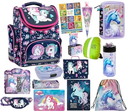 Goldkids Schulranzen XXL Set 15er Ranzen Tornister Federmappe Turnbeutel Gummizugmappe Zuckertüte Brotdose Trinkflasche Aufgabenheft Aktentasche Einhorn Unicorn Motiv von Goldkids