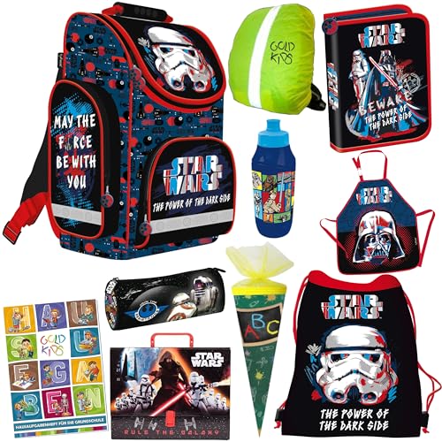 Goldkids - Schulranzen für Jungen ab 1 Klasse - Schul-Rucksack Kinder mit Star Wars -Motiv - Federmäppchen Schuhbeutel - Schürze Zuckertüte - Aktentasche mit Griff - Trinkflasche 1-3 Klasse von Goldkids