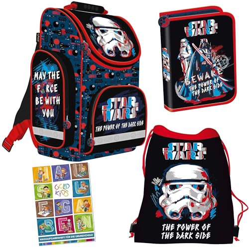 Goldkids - Schulranzen für Jungen und Mädchen, 4er-Set - Schul-Rucksack für Kinder mit Federmäppchen - Schuhbeutel und Hausaufgabenheft - Star Wars Motiv - 1-3 Klasse von Goldkids