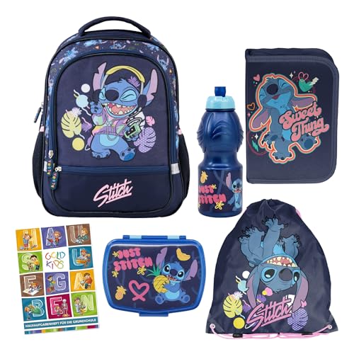 Goldkids - Schulranzen für Jungen und Mädchen - Schul-Rucksack für Kinder mit Federmäppchen - Schuhbeutel - Brotdose - Trinkflasche und Hausaufgabenheft - Lilo und Stitch Motiv (6er-Set) von Goldkids