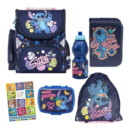 Goldkids - Schulranzen für Jungen und Mädchen, 6er-Set - Schul-Rucksack für Kinder mit Federmäppchen - Schuhbeutel und Hausaufgabenheft - Lilo und Stitch Motiv - 1-3 Klasse (6er-Set) von Goldkids