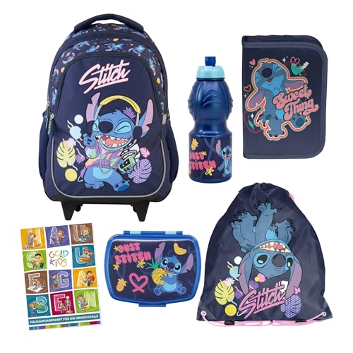 Goldkids - Schulranzen für Jungen und Mädchen - Schul-Rucksack mit Rollen für Kinder mit Federmäppchen - Schuhbeutel - Brotdose - Trinkflasche - Lilo und Stitch Motiv - 1-3 Klasse (6er-Set) von Goldkids