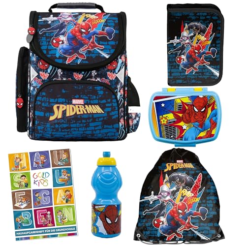 Goldkids - Schulranzen für Jungen und Mädchen - Schul-Rucksack für Kinder mit Federmäppchen - Schuhbeutel und Hausaufgabenheft - Spider-Man Motiv - 1-3 Klasse (6er-Set) von Goldkids