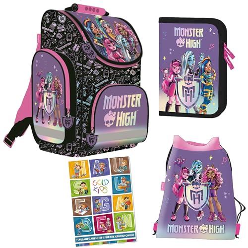 Goldkids - Schulranzen für Mädchen, 4er-Set - Schul-Rucksack für Kinder mit Federmäppchen - Schuhbeutel und Hausaufgabenheft - Monster High Motiv - 1-3 Klasse von Goldkids