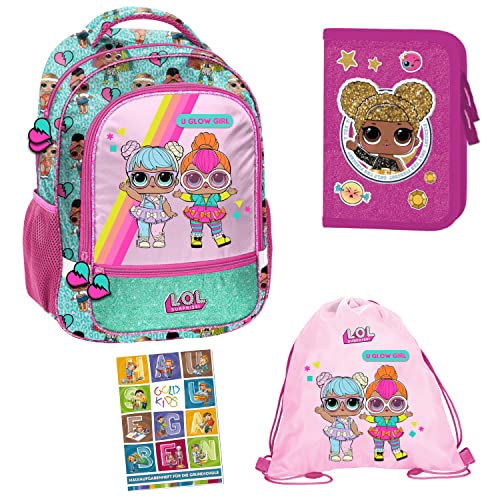 Schulrucksack ergonomischer Rucksack LOL Surprise Federmappe Turnbeutel Aufgabenheft für die Grundschule 4er Set. Geeignet ab der ersten Klasse der Grundschule. von Goldkids