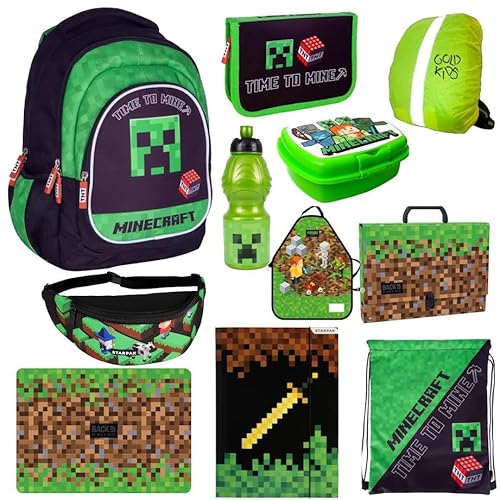 Goldkids Set 11er Minecraft Schulrucksack Ranzen Federmappe Turnbeutel Brotdose Trinkflasche Gürteltasche Gummizugmappe Tischunterlage Aktentasche Schürze Minecraft Motiv ab der 1. Klasse von Goldkids