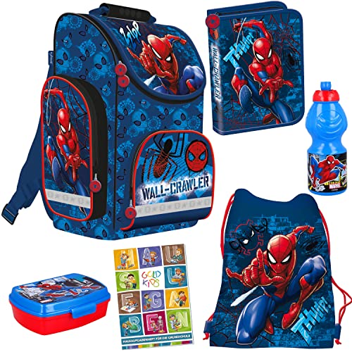 Goldkids Set 6-teilig Schulranzen Ranzen Tornister Federmappe mäppchen Turnbeutel Turnsack Brotdose Trinkflasche Aufgabenheft für die Grundschule Marvel Spiderman Motiv1- Klasse von Goldkids