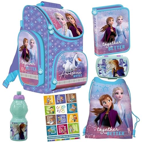 Goldkids Set 6er Schulranzen Ranzen Tornister Federmappe Turnbeutel Turnsack Brotdose Trinkflasche Aufgabenheft für die Grundschule Frozen Eiskönigin Motiv von Goldkids