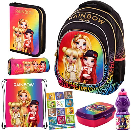 Goldkids Set 7er Schulrucksack Rucksack Federmappe Turnbeutel Brotdose Trinkflasche Schlamperrolle Aufgabenheft Rainbow High Motiv geeignet ab der ersten Klasse der Grundschule von Goldkids