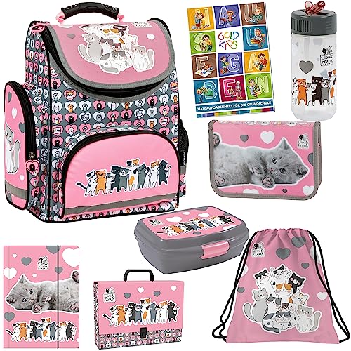 Goldkids Set 8er Schulranzen Cleo & Frank 39 Katze Cat Ranzen Tornister Federmappe Turnbeutel Gummizugmappe Aktentasche Brotdose Trinkflasche Aufgabenheft für die Grundschule von Goldkids