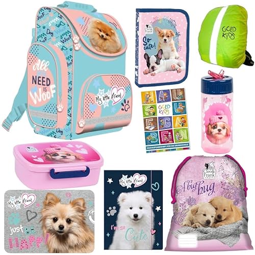 Goldkids Set 9er Schulranzen Ranzen Tornister Federmappe Turnbeutel Brotdose Trinkflasche Malunterlage Regenschutz Aufgabenheft für die Grundschule Hund Dog Motiv von Goldkids