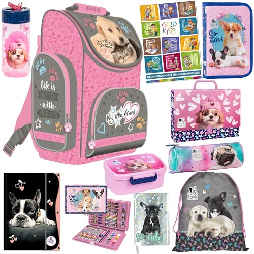 Goldkids Set XXL 10er Schulranzen Ranzen Tornister Federmappe Turnbeutel Brotdose Trinkflasche Kreative- Set Aktenmappe Stiftetasche Aufgabenheft Hund Dog Motiv von Goldkids