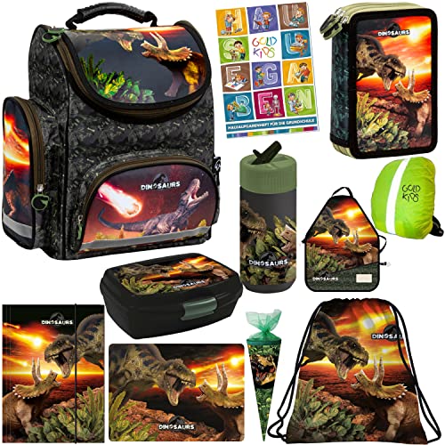 Goldkids Set XXL 11er Schulranzen Ranzen Tornister Federmappe Turnbeutel Gummizugmappe Schürze Brotdose Trinkflasche Aufgabenheft Zuckertüte Regenschutz Dinosaurier Dino Motiv von Goldkids
