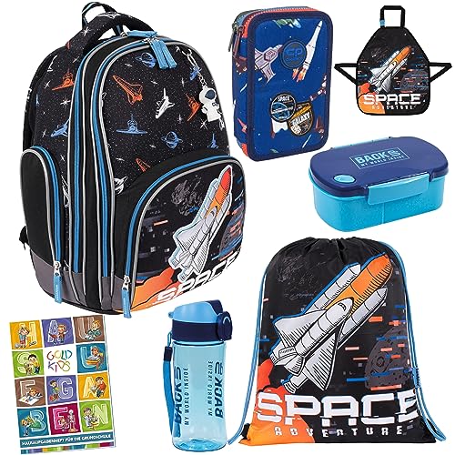 Goldkids Space Weltraum 7er Set Schulranzen Ranzen Tornister Federmappe Turnbeutel Schürze Trinkflasche Brotdose Aufgabenheft für die Grundschule ab der erste Klasse von Goldkids