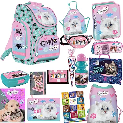 Katze Cat Pastel Schulranzen ergonomischer Ranzen Zuckertüte Geldbeutel Federmappe Turnbeutel Brotdose Trinkflasche Malunterlage Tagebuch Sammelmappe Aufgabenheft für die Grundschule 15er Set XXXL von Goldkids