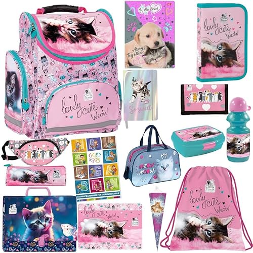 Katze Cat Pink Schulranzen ergonomischer Ranzen Zuckertüte Geldbeutel Federmappe Turnbeutel Brotdose Trinkflasche Malunterlage Tagebuch Sammelmappe Aufgabenheft für die Grundschule 15er Set XXXL von Goldkids