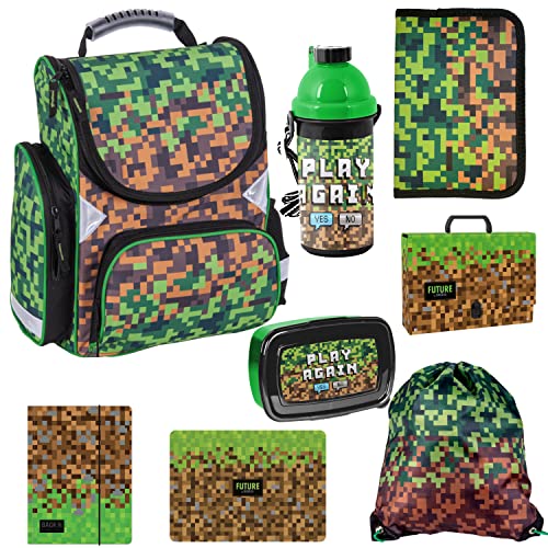 Game Pixel Schulranzen ergonomischer Ranzen Federmappe Turnbeutel Malunterlage Aktentasche Gummizugmappe Trinkflasche Brotdose 8er-Set. Geeignet ab der ersten Klasse der Grundschule. von Goldkids