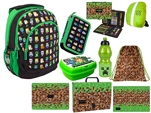 Minecraft Schulset ergonomischer Schulranzen Ranzen Tornister Federmappe Turnbeutel Lunchset Malkoffer Tischunterlage Junge 10-Teile XXL Set von Goldkids