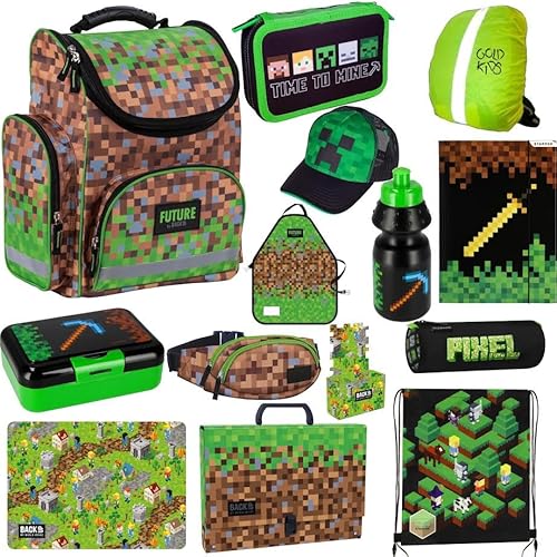 Game Pixel Set 14 Teile XXL Schulrucksack Ranzen Federmappe Turnbeutel Brotdose Trinkflasche Gürteltasche Gummizugmappe Tischunterlage Aktentasche Schürze Motiv ab der 1. Klasse von Goldkids