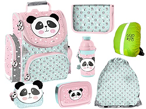 Panda Schulranzen 7 - teilig Set ergonomischer Schulranzen Ranzen, Federmappe Federmäppchen, Turnsack Beutel, Lunchset Schultertasche Regenschutz von Goldkids