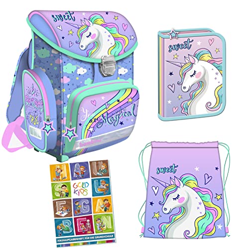 Goldkids Pastel Unicorn Einhorn 4er Set Schulranzen Ranzen Tornister Federmappe Turnbeutel Turnsack Aufgabenheft für die Grundschule. Geeignet ab der ersten Klasse von Goldkids