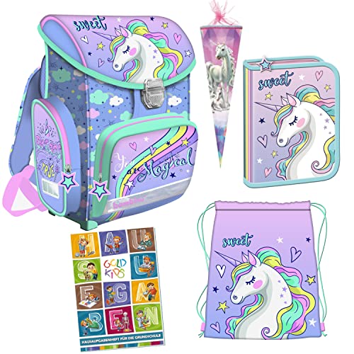 Goldkids Pastel Unicorn Einhorn 5er Set Schulranzen Ranzen Tornister Federmappe Turnbeutel Turnsack Zuckertüte Aufgabenheft für die Grundschule. Geeignet ab der ersten Klasse von Goldkids