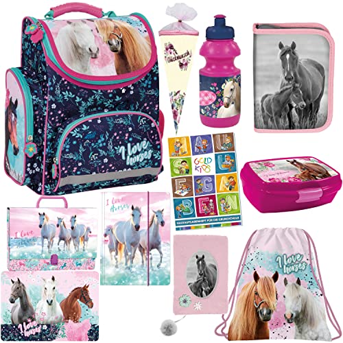Pferd Horses Schulranzen ergonomischer Ranzen Federmappe mit Inhalt Tagebuch Turnbeutel Brotdose Trinkflasche Zuckertüte Aktenmappe Sammelmappe Malunterlage Aufgabenheft für die Grundschule 11er Set. von Goldkids