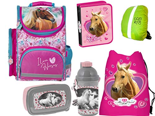 Pferd Pferde Schulranzen Set Ranzen Schulranzen Tornister Federmappe Turnbeutel Brotdose Wasserflasche Regenschutz 6-teiliges Set von Goldkids